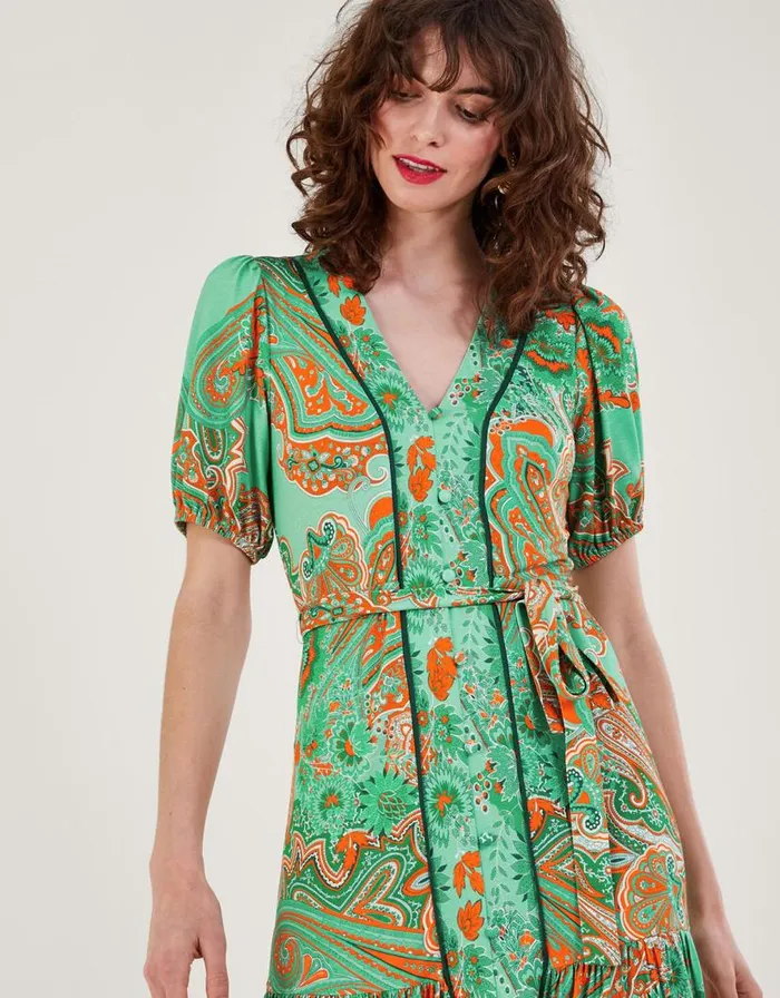 Monsoon Skye Scarf Print Dress Green Women Midi Dresses Monsoon Skye Scarf Print Dress Green Women Midi Dresses