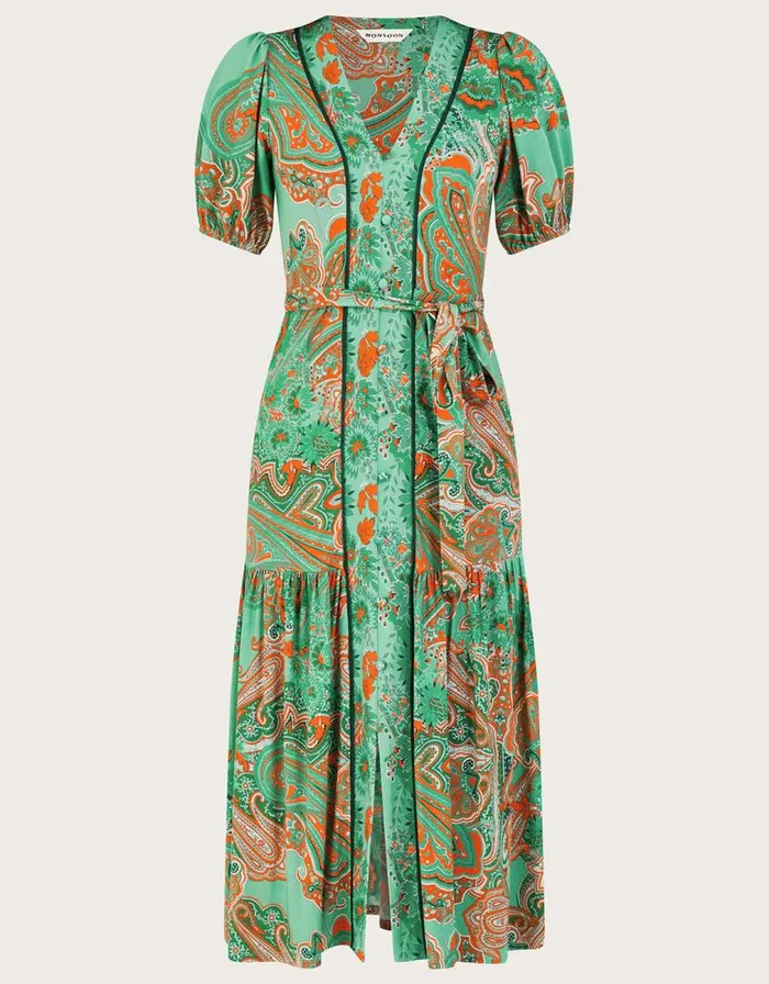 Monsoon Skye Scarf Print Dress Green Women Midi Dresses Monsoon Skye Scarf Print Dress Green Women Midi Dresses