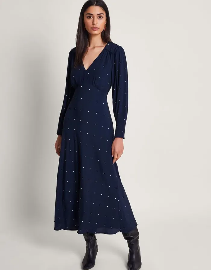 Monsoon Stella Spot Dress Blue Women Occasionwear