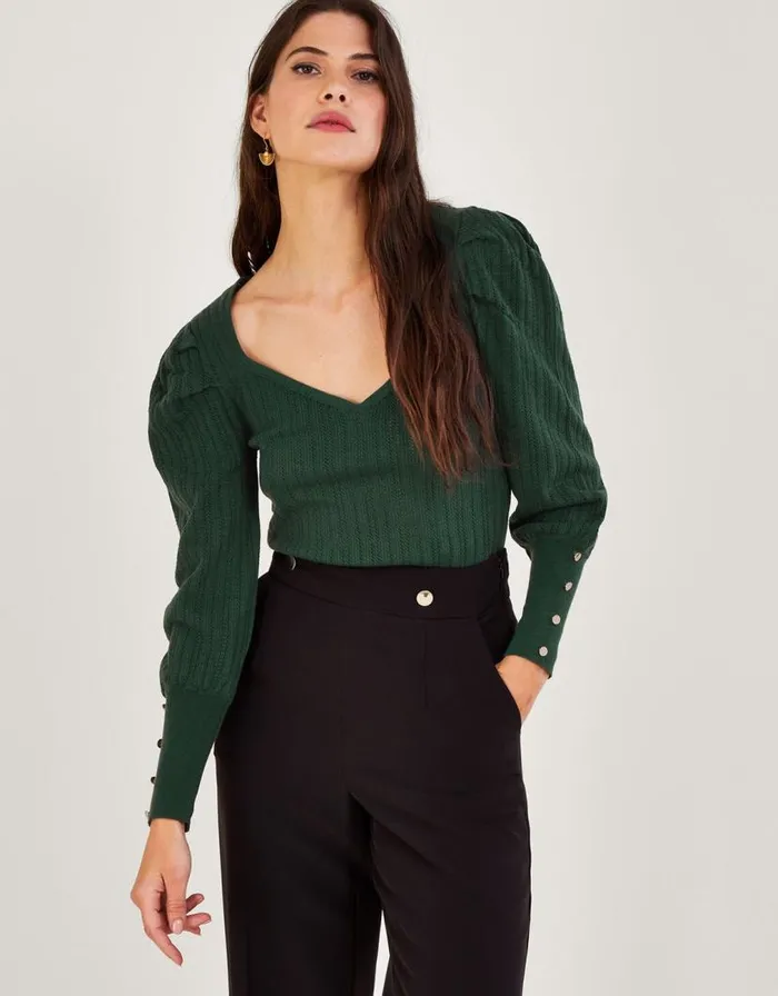 Monsoon Stitch Sweetheart Neckline Jumper In Recycled Polyester Green Women Knitwear Monsoon Stitch Sweetheart Neckline Jumper In Recycled Polyester Green Women Knitwear