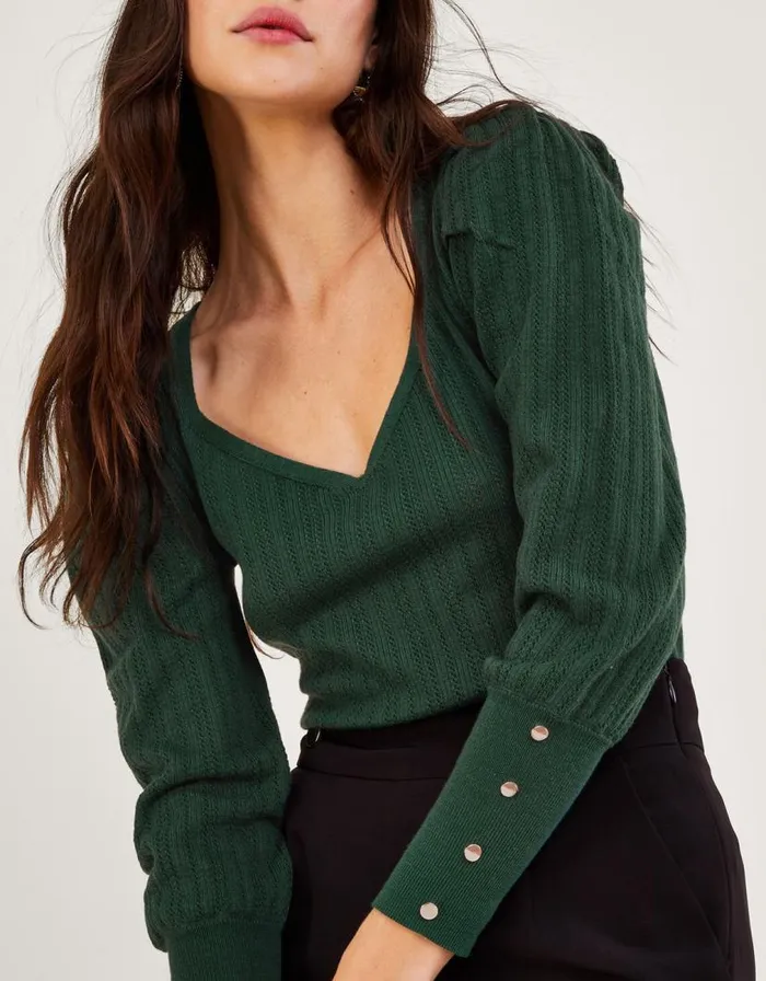 Monsoon Stitch Sweetheart Neckline Jumper In Recycled Polyester Green Women Knitwear Monsoon Stitch Sweetheart Neckline Jumper In Recycled Polyester Green Women Knitwear