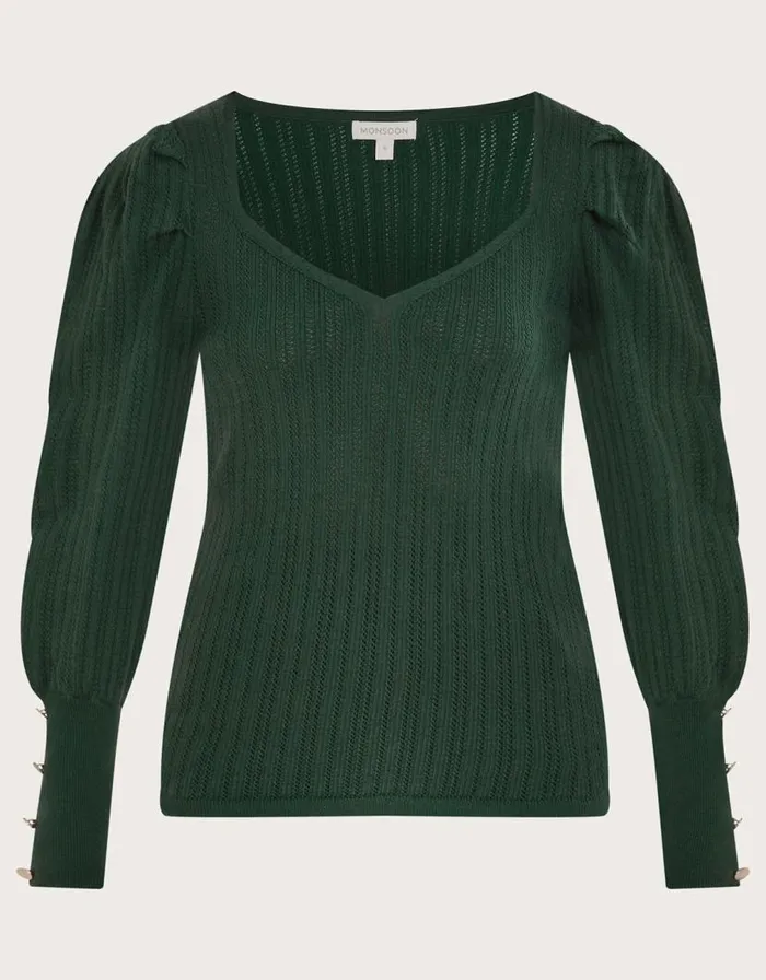 Monsoon Stitch Sweetheart Neckline Jumper In Recycled Polyester Green Women Knitwear Monsoon Stitch Sweetheart Neckline Jumper In Recycled Polyester Green Women Knitwear