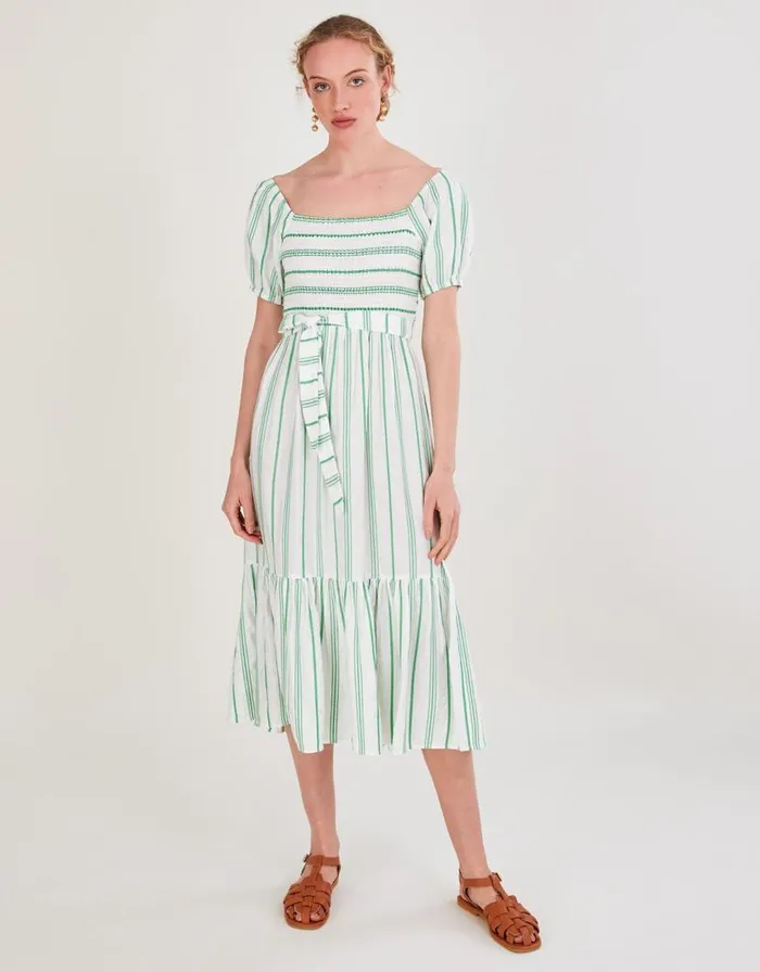 Monsoon Stripe Jacquard Belted Tiered Dress With LENZING ECOVERO Green Women Casualwear Monsoon Stripe Jacquard Belted Tiered Dress With LENZING ECOVERO Green Women Casualwear