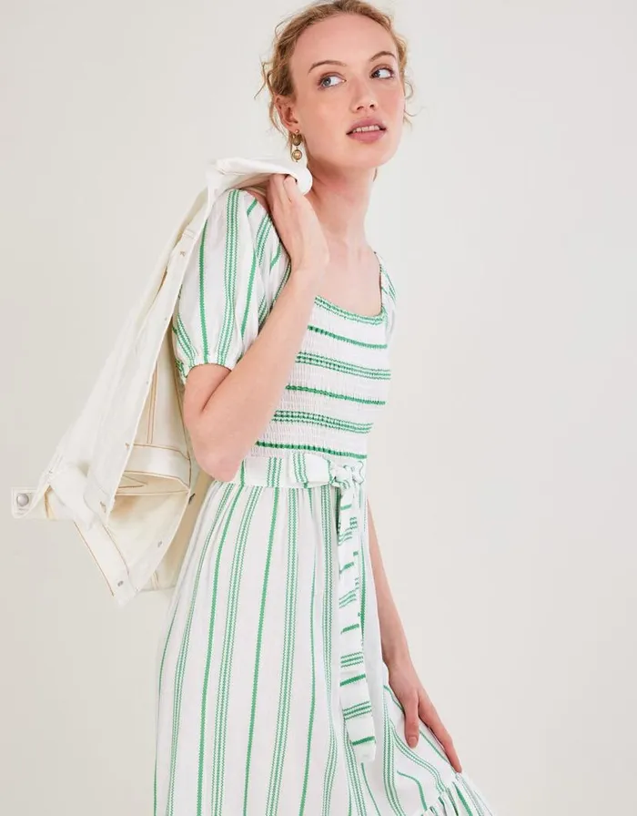 Monsoon Stripe Jacquard Belted Tiered Dress With LENZING ECOVERO Green Women Casualwear Monsoon Stripe Jacquard Belted Tiered Dress With LENZING ECOVERO Green Women Casualwear
