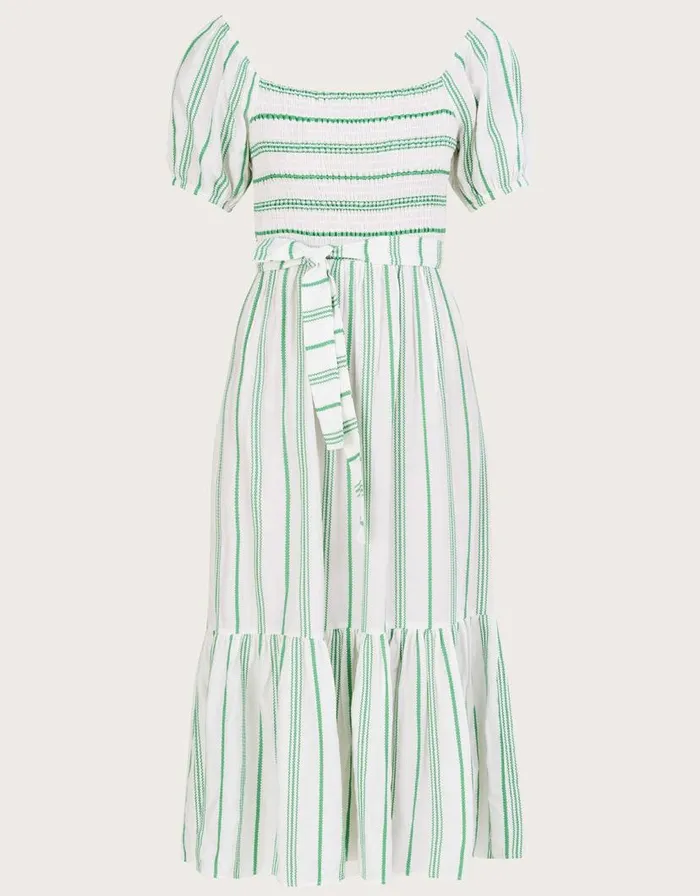 Monsoon Stripe Jacquard Belted Tiered Dress With LENZING ECOVERO Green Women Casualwear Monsoon Stripe Jacquard Belted Tiered Dress With LENZING ECOVERO Green Women Casualwear