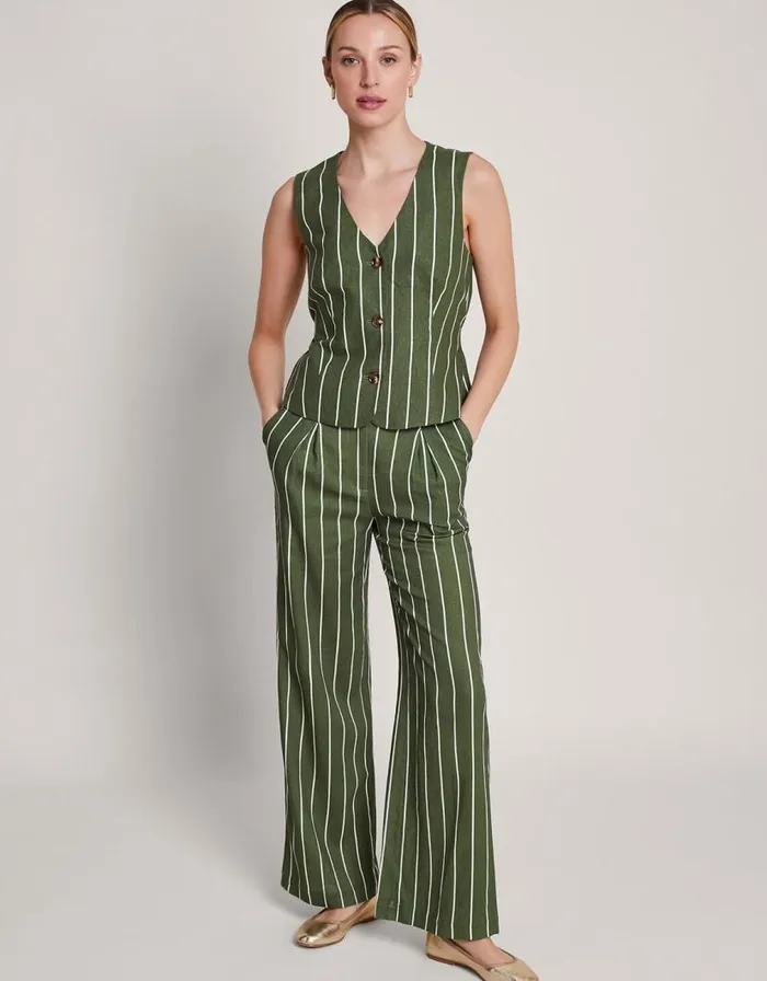 Monsoon Susan Stripe Trousers Green Women Trousers and Jeans