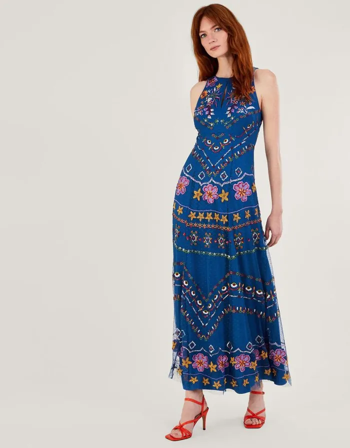 Monsoon Theodora Embroidered Maxi Dress Blue Women Occasionwear