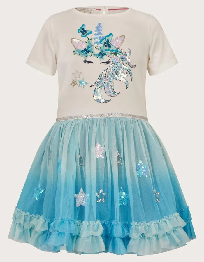 Monsoon Unicorn Disco Dress Blue Children Dresses