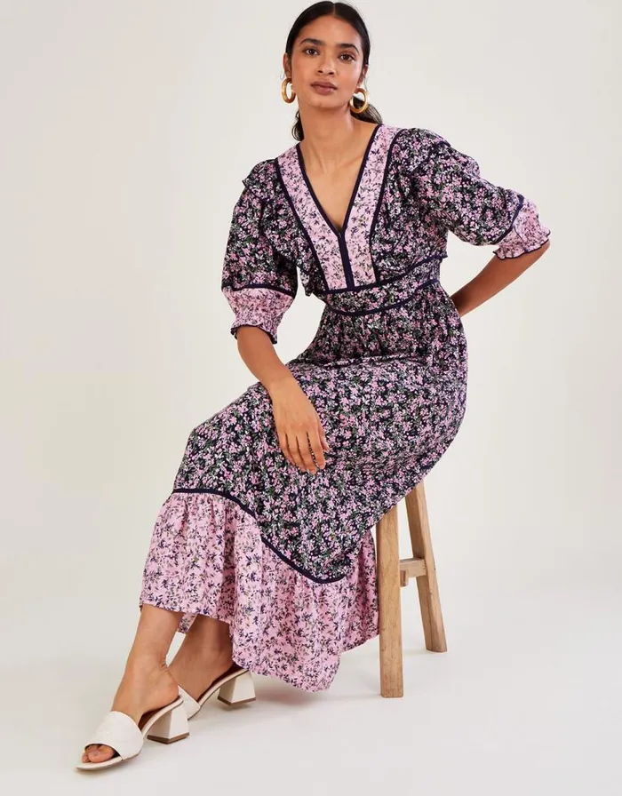 Monsoon V Neck Blossom Print Dolly Dress Purple Women Casualwear