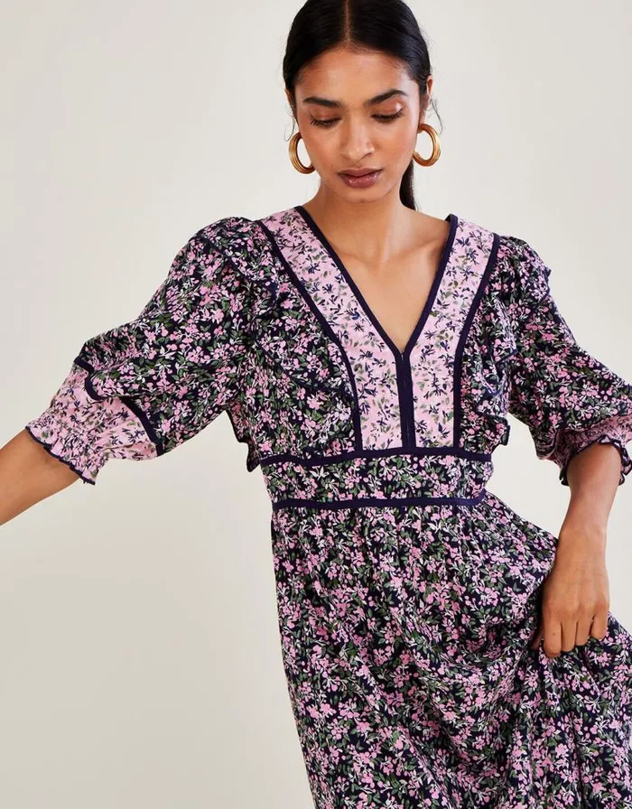 Monsoon V Neck Blossom Print Dolly Dress Purple Women Casualwear Monsoon V Neck Blossom Print Dolly Dress Purple Women Casualwear