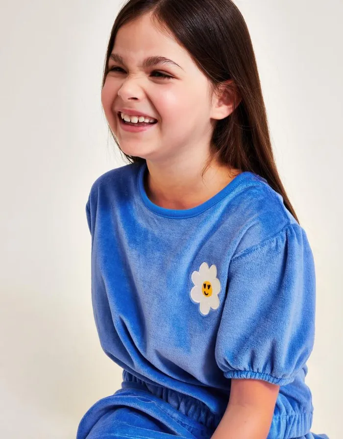 Monsoon Velour Puff Sleeve Top Blue Children Tops and Tshirts