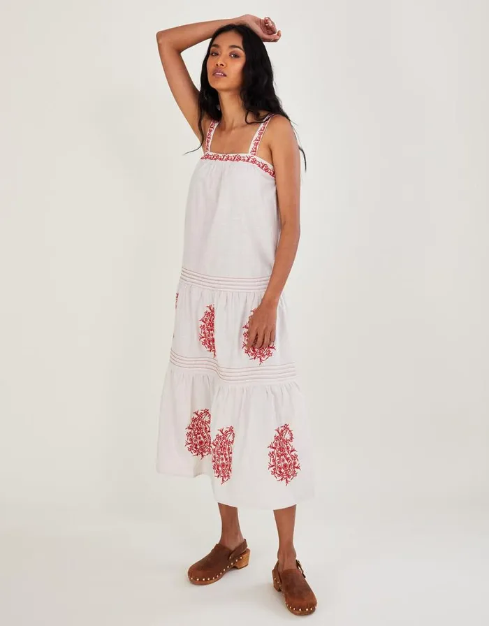 Monsoon Wide Strap Paisley Embroidered Motif Dress Ivory Women Linen