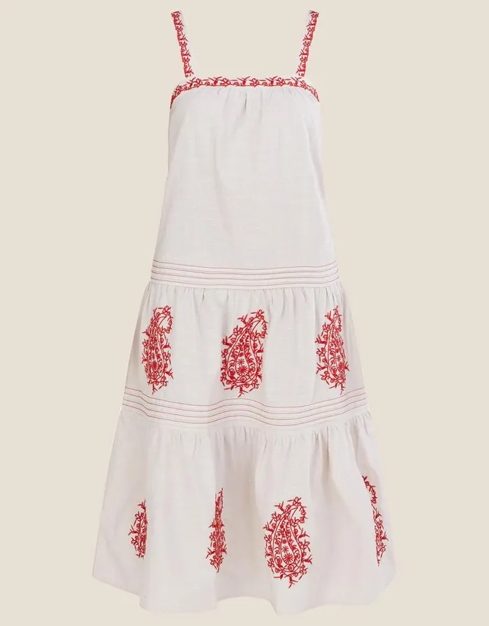 Monsoon Wide Strap Paisley Embroidered Motif Dress Ivory Women Linen Monsoon Wide Strap Paisley Embroidered Motif Dress Ivory Women Linen