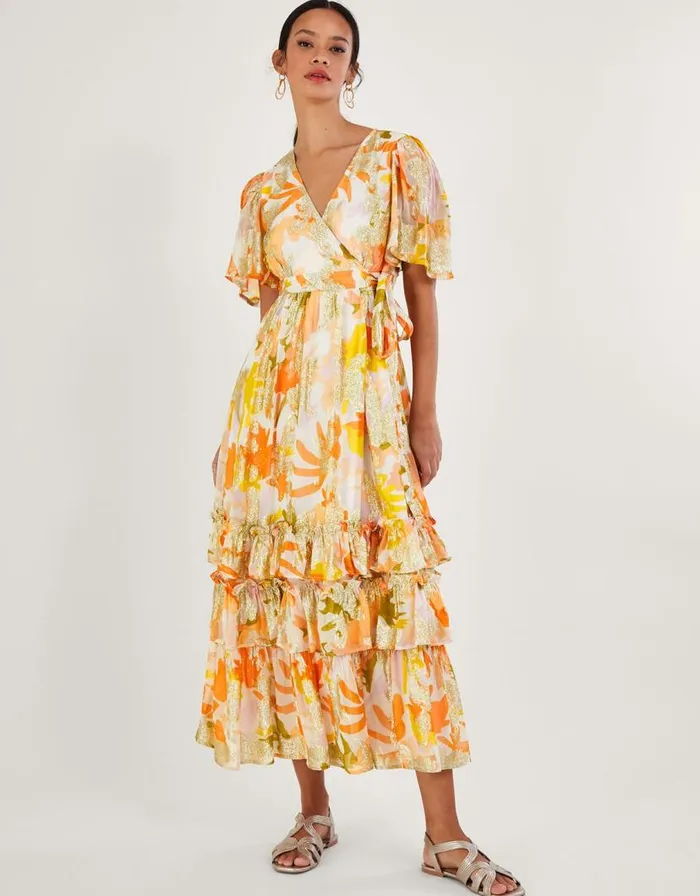 Monsoon Willow Metallic Print Ruffle Wrap Dress Ivory Women Maxi Dresses