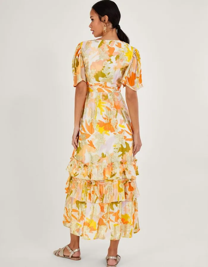 Monsoon Willow Metallic Print Ruffle Wrap Dress Ivory Women Maxi Dresses Monsoon Willow Metallic Print Ruffle Wrap Dress Ivory Women Maxi Dresses