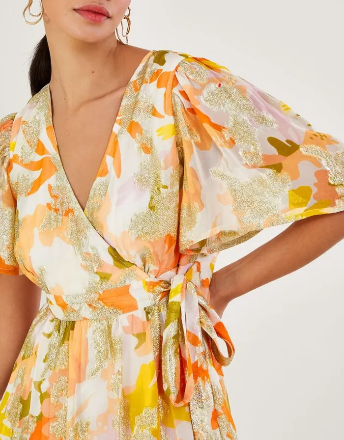 Monsoon Willow Metallic Print Ruffle Wrap Dress Ivory Women Maxi Dresses Monsoon Willow Metallic Print Ruffle Wrap Dress Ivory Women Maxi Dresses