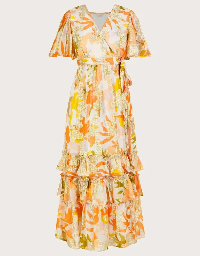 Monsoon Willow Metallic Print Ruffle Wrap Dress Ivory Women Maxi Dresses Monsoon Willow Metallic Print Ruffle Wrap Dress Ivory Women Maxi Dresses