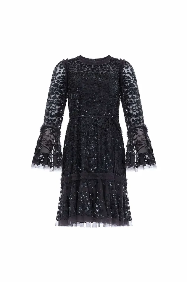 Needle and Thread Annie Sequin Tiered Mini Dress Black Women Embellished Dresses
