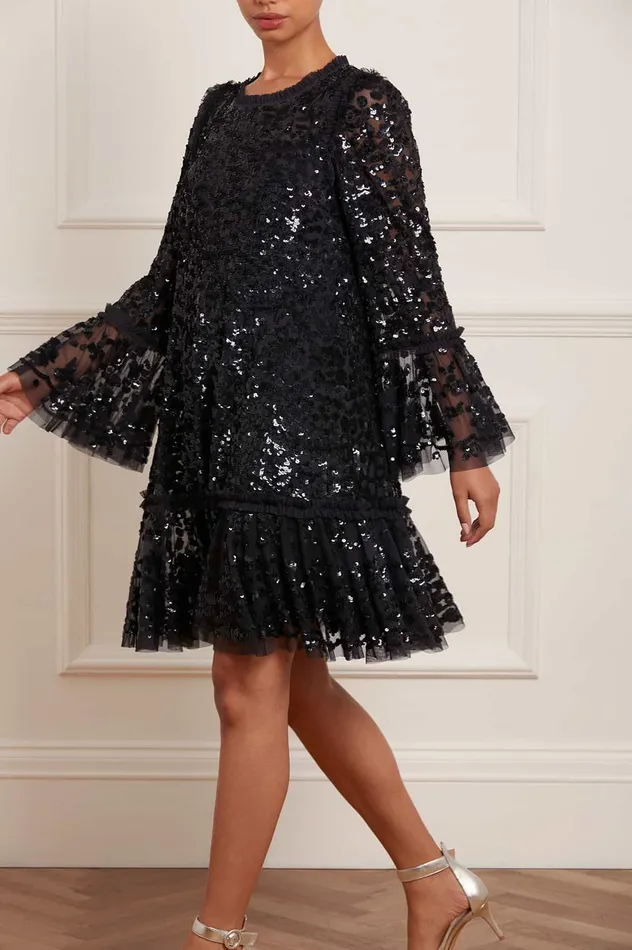 Needle and Thread Annie Sequin Tiered Mini Dress Black Women Embellished Dresses