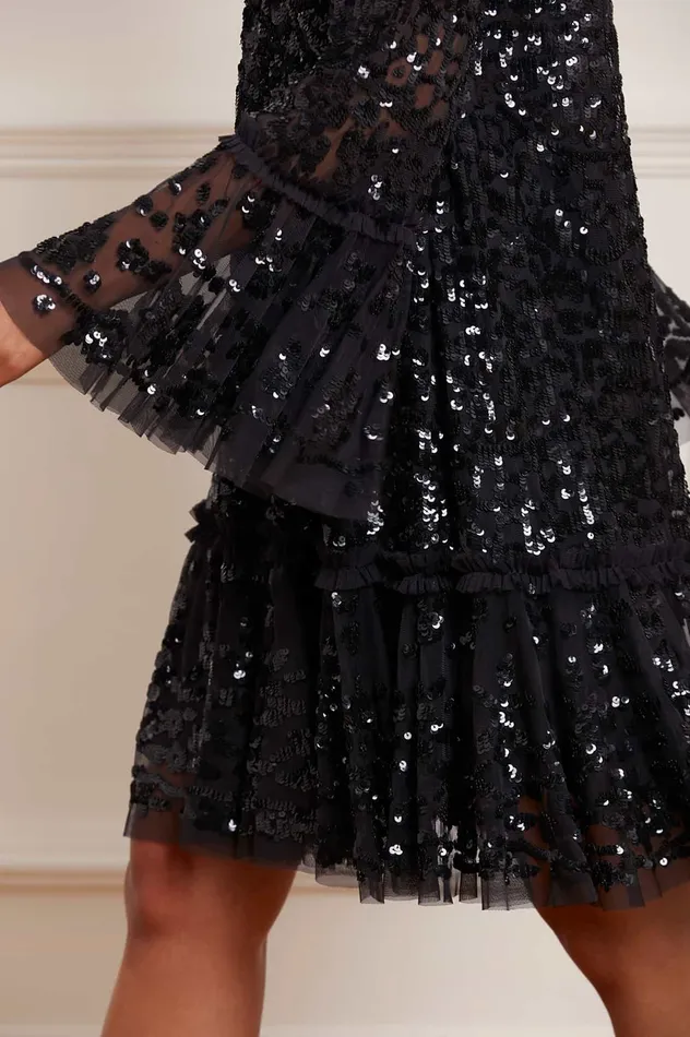 Needle and Thread Annie Sequin Tiered Mini Dress Black Women Embellished Dresses