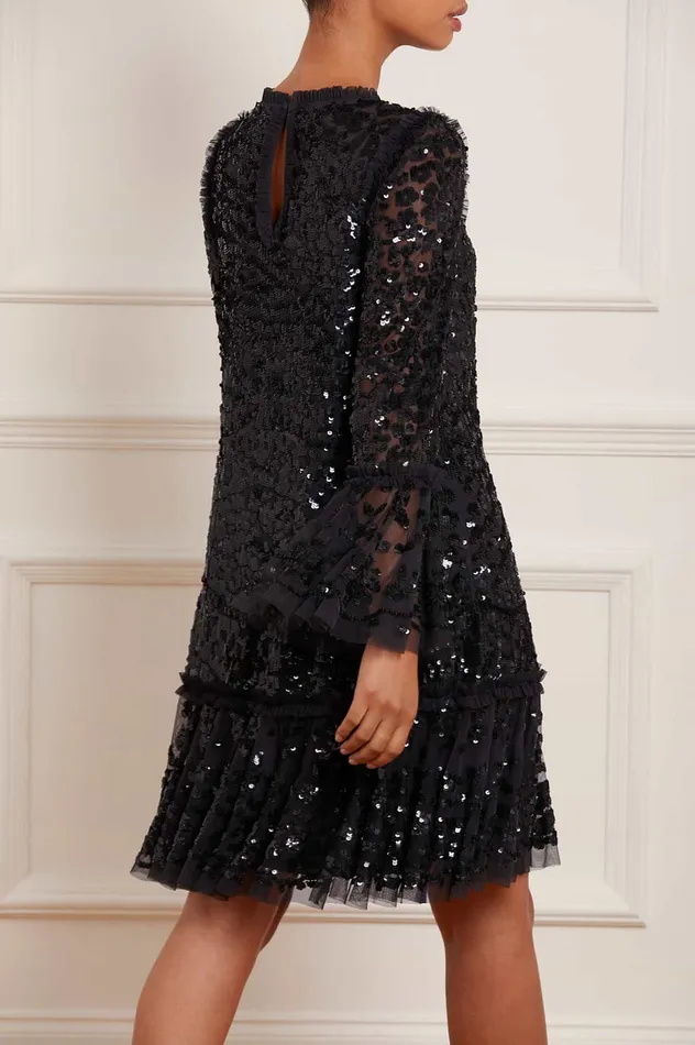 Needle and Thread Annie Sequin Tiered Mini Dress Black Women Embellished Dresses