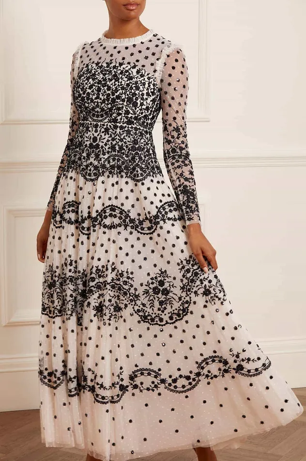 Needle and Thread Beatrice Long Sleeve Gown Champagne Women Embroidered Dresses