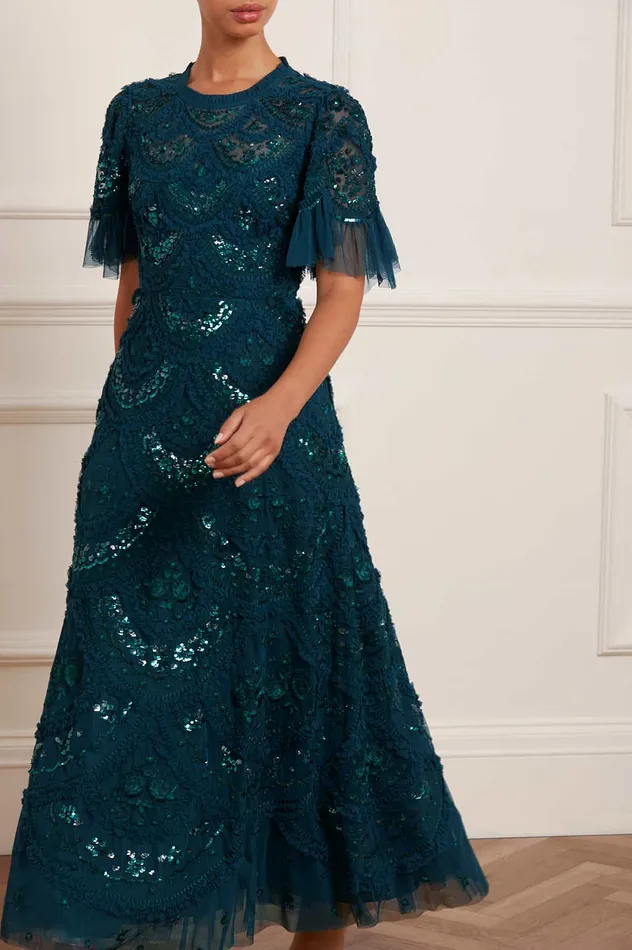 Needle and Thread Carmen Ruffle Ankle Gown Green Women Embroidered Dresses