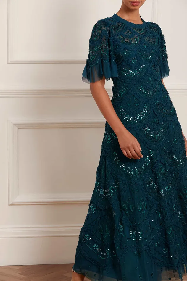 Needle and Thread Carmen Ruffle Ankle Gown Green Women Embroidered Dresses