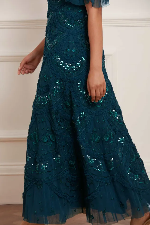 Needle and Thread Carmen Ruffle Ankle Gown Green Women Embroidered Dresses
