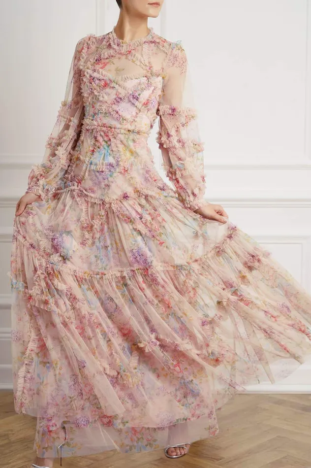 Needle and Thread Floral Diamond Ruffle Gown Multi Women Printed Dresses