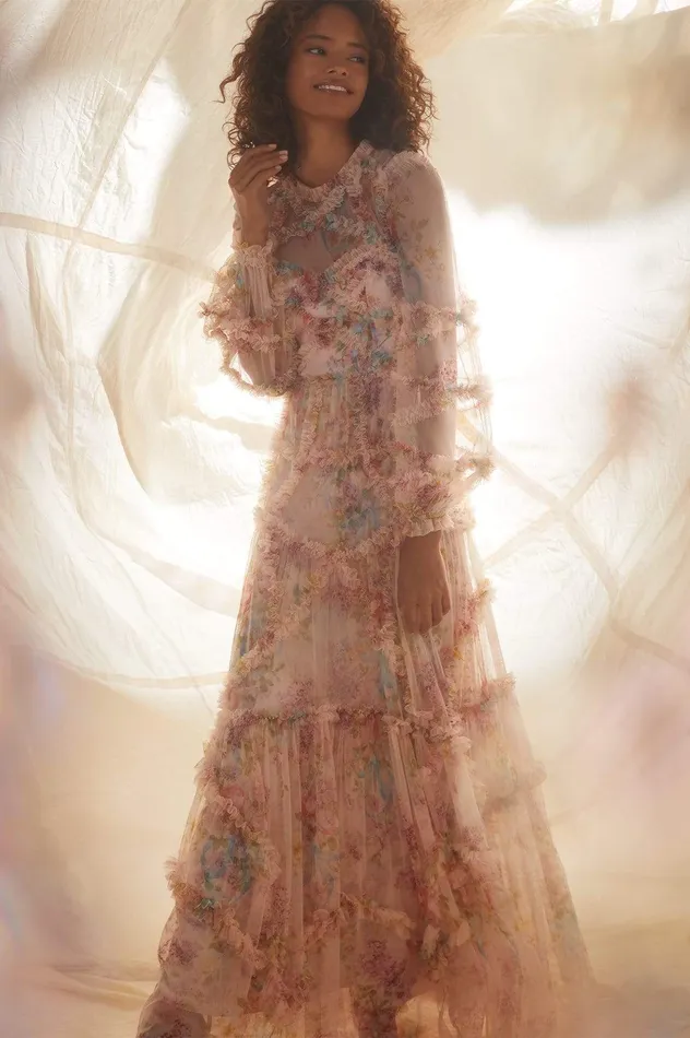 Needle and Thread Floral Diamond Ruffle Gown Multi Women Printed Dresses