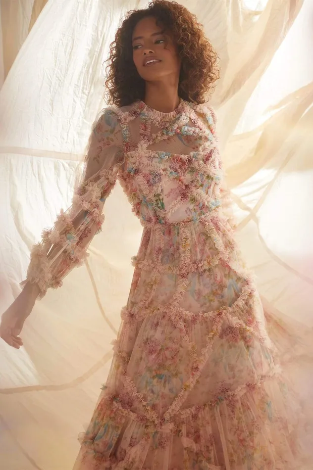 Needle and Thread Floral Diamond Ruffle Gown Multi Women Printed Dresses