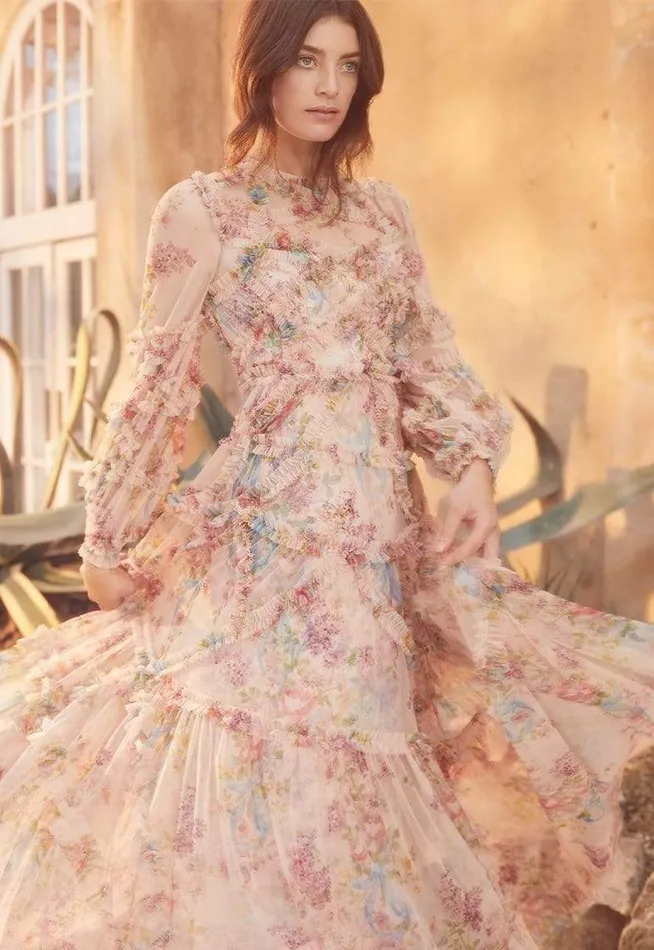 Needle and Thread Floral Diamond Ruffle Gown Multi Women Printed Dresses