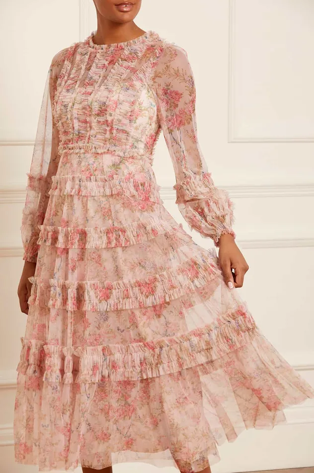 Needle and Thread Floral Wreath Ruffle Ballerina Dress Pink Women Day Dresses
