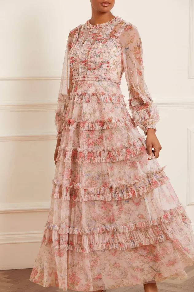 Needle and Thread Floral Wreath Ruffle Gown Pink Women Printed Dresses