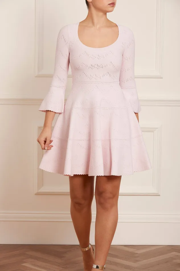 Needle and Thread Pretty Pointelle Knit Scoop Neck Mini Dress Pink Women Knitwear