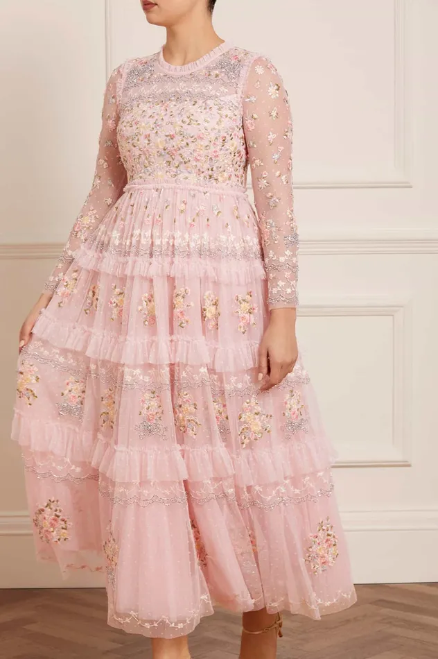 Needle and Thread Primrose Bouquet Long Sleeve Ankle Gown Pink Women Embroidered Dresses