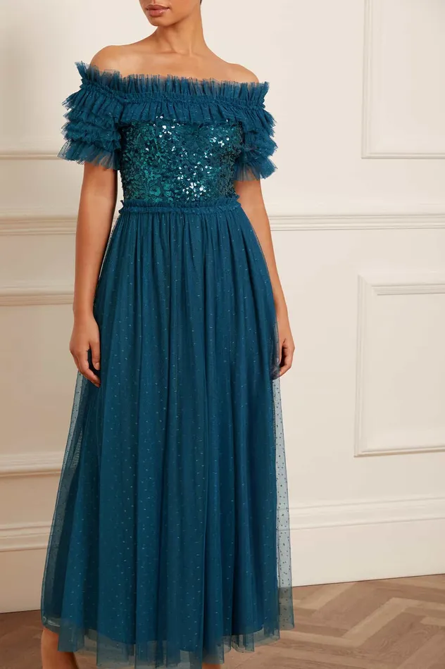 Needle and Thread Sequin Wreath Bodice OffShoulder Ankle Gown Blue Women Embellished Dresses Needle and Thread Sequin Wreath Bodice OffShoulder Ankle Gown Blue Women Embellished Dresses