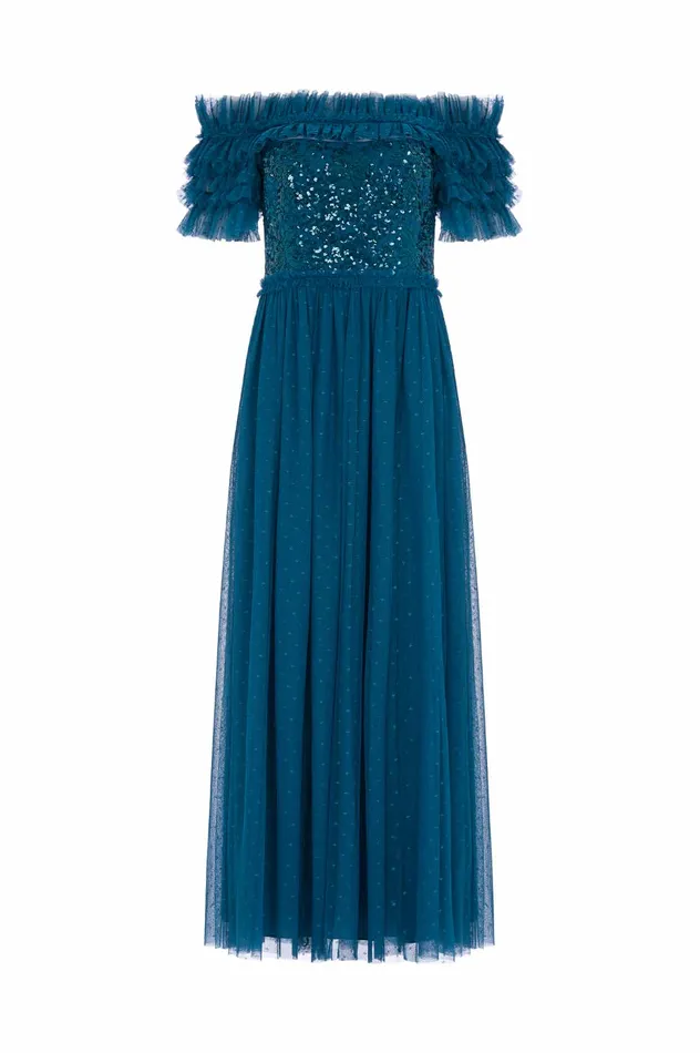 Needle and Thread Sequin Wreath Bodice OffShoulder Ankle Gown Blue Women Embellished Dresses