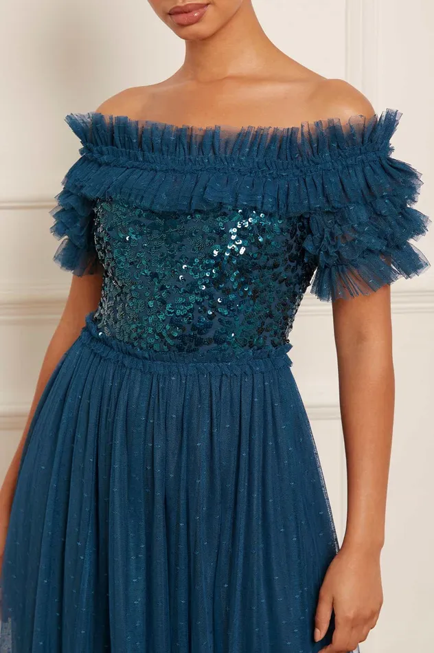 Needle and Thread Sequin Wreath Bodice OffShoulder Ankle Gown Blue Women Embellished Dresses