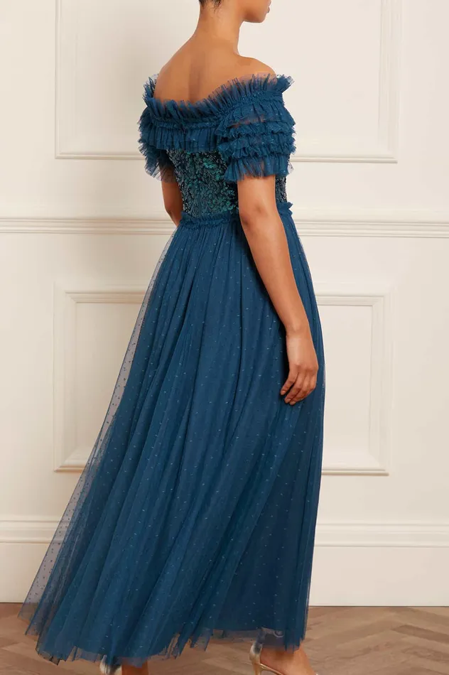 Needle and Thread Sequin Wreath Bodice OffShoulder Ankle Gown Blue Women Embellished Dresses