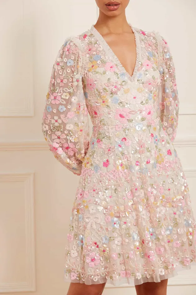 Needle and Thread Shimmer Fairytale VNeck Mini Dress Champagne Women Embellished Dresses Needle and Thread Shimmer Fairytale VNeck Mini Dress Champagne Women Embellished Dresses