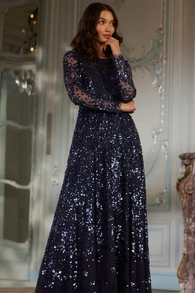 Needle and Thread Victorian Wreath Long Sleeve Gown Blue Women Evening Dresses Needle and Thread Victorian Wreath Long Sleeve Gown Blue Women Evening Dresses