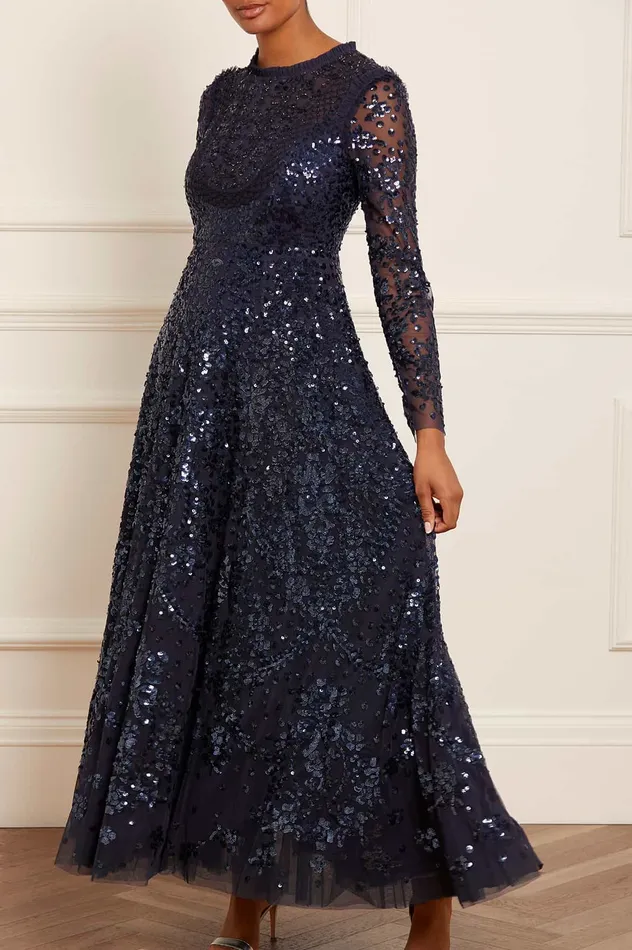 Needle and Thread Victorian Wreath Long Sleeve Gown Blue Women Evening Dresses