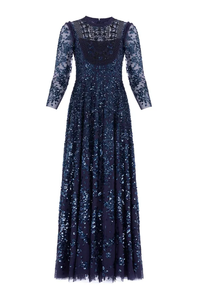 Needle and Thread Victorian Wreath Long Sleeve Gown Blue Women Evening Dresses