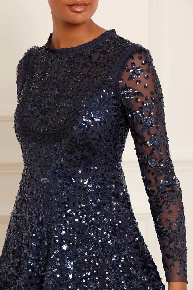 Needle and Thread Victorian Wreath Long Sleeve Gown Blue Women Evening Dresses