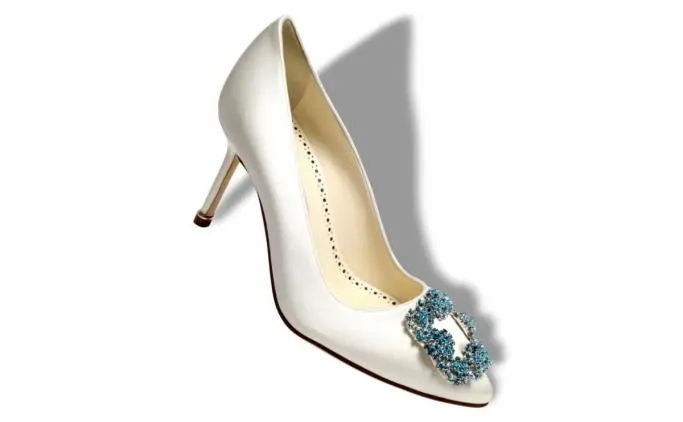 Pumps Women Manolo Blahnik HANGISI BRIDE 70White Satin Jewel Buckle Pumps