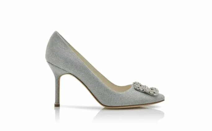 Pumps Women Manolo Blahnik HANGISI GLITTER BRIDESilver Glitter Fabric Jewel Buckle Pumps