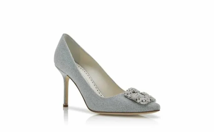 Pumps Women Manolo Blahnik HANGISI GLITTER BRIDESilver Glitter Fabric Jewel Buckle Pumps
