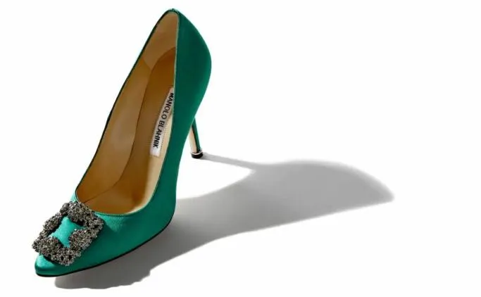 Pumps Women Manolo Blahnik HANGISIGreen Satin Jewel Buckle Pumps